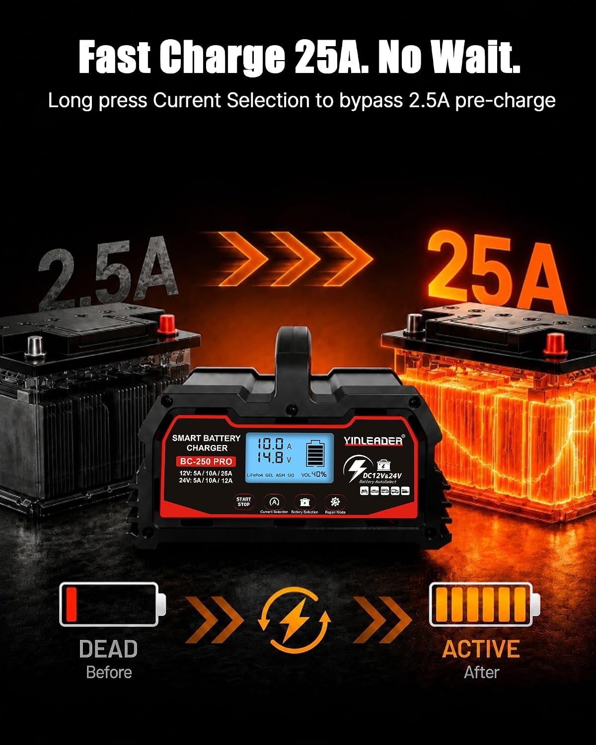 25a car battery charger 12v/24v lead acid &, close-up detail