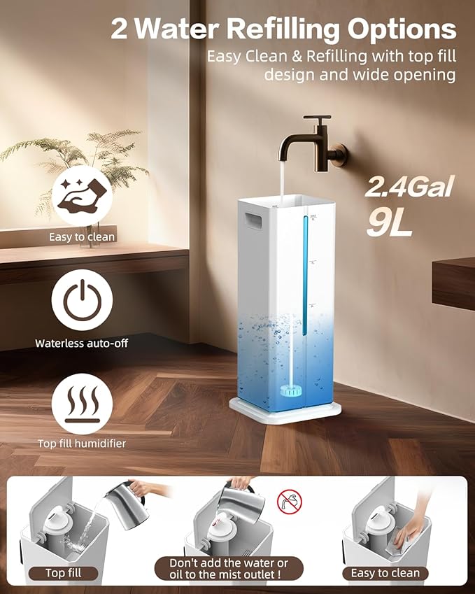 Cool Mist Humidifiers for Bedroom, Ultrasonic 2.4Gal 9L Quiet Top-Fill - Image 7