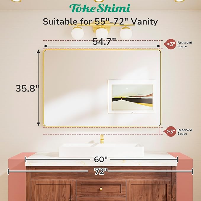 TokeShimi 55x36 Bathroom Mirror Brushed Nickel, Aluminum Framed Bathroom Mirrors - Image 2