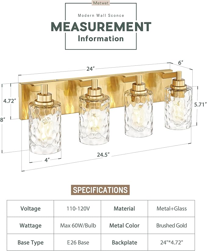 METWET 4-Light Bathroom Light Fixtures, 24.5 Inch Brushed Gold Vanity Lights - Image 2