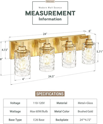 METWET 4-Light Bathroom Light Fixtures, 24.5 Inch Brushed Gold Vanity Lights - Image 2