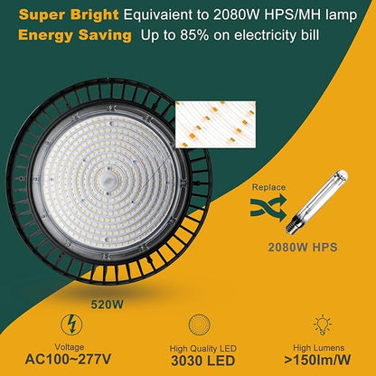 ACOHOOK 500W LED High Bay Light AC100-277V High Bay LED Light 5000K 75000LM UFO - Image 3