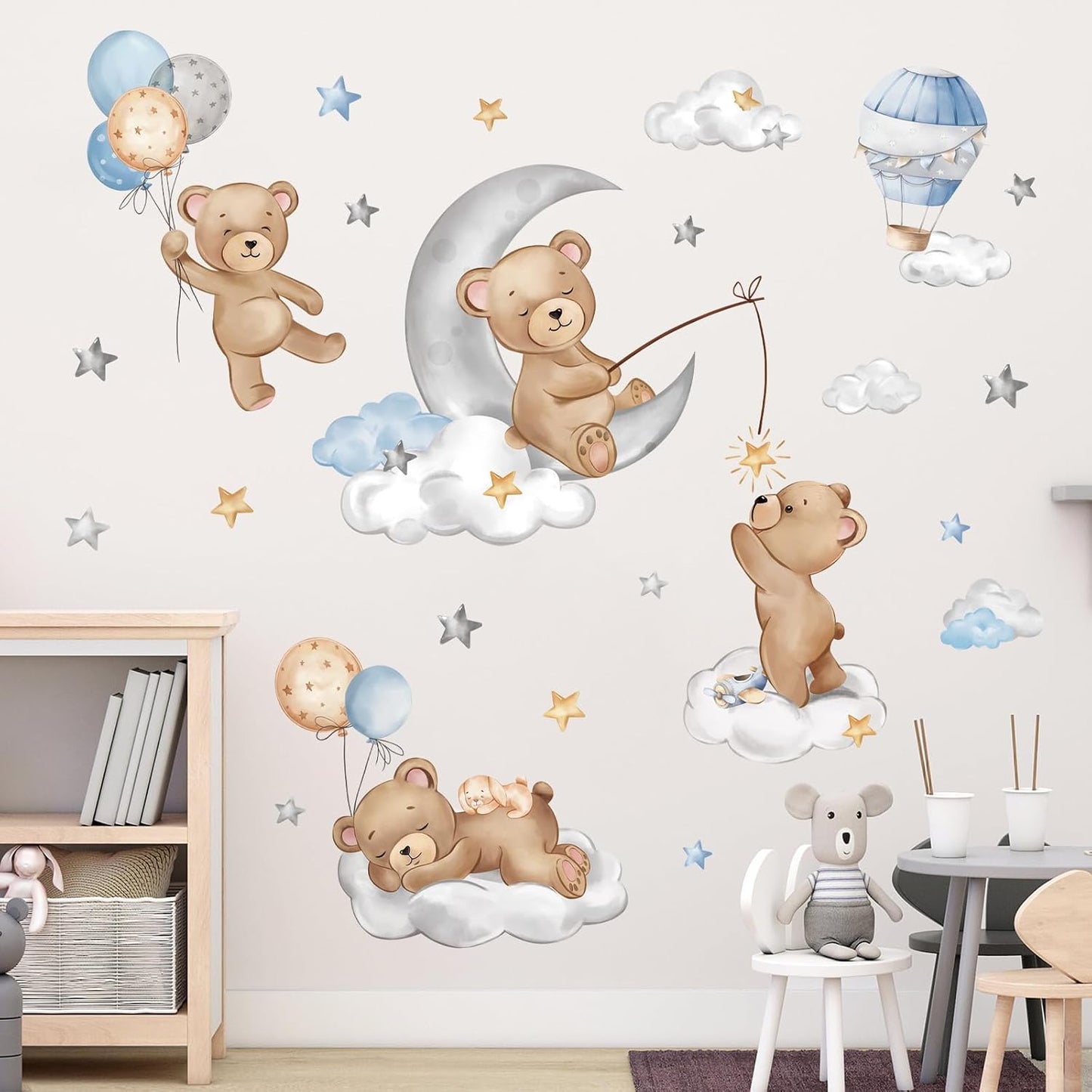 decalmile Bear Sleeping on The Moon Hot Air Balloon Wall Decals Stickers