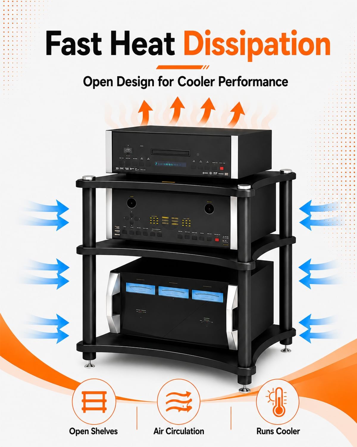 Heavy Duty 3-Tier AV Media Stand, 264 lb Load Capacity, Black