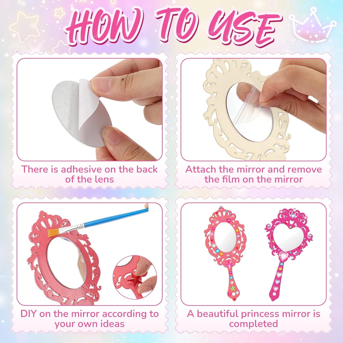 16 Sets Wooden Mirror Craft Kit, Girls DIY Princess Hand Mirror | Unbreakable Mirror for Kids, Princess Tea Party Gift, Back to School Supplies, Christmas Birthday Art Activities Favors