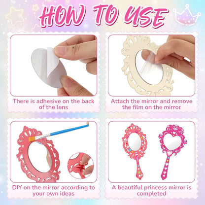 16 Sets Wooden Mirror Craft Kit, Girls DIY Princess Hand Mirror | Unbreakable Mirror for Kids, Princess Tea Party Gift, Back to School Supplies, Christmas Birthday Art Activities Favors
