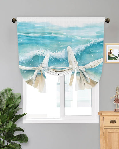 Tie Up Curtains for Windows, Ocean Beach Adjustable Balloon Nature Linen Textured Kitchen Curtain, Summer Coastal Starfish Sand Ombre Blue Room Darkening Curtains for Glass Door, 42 x 45 in