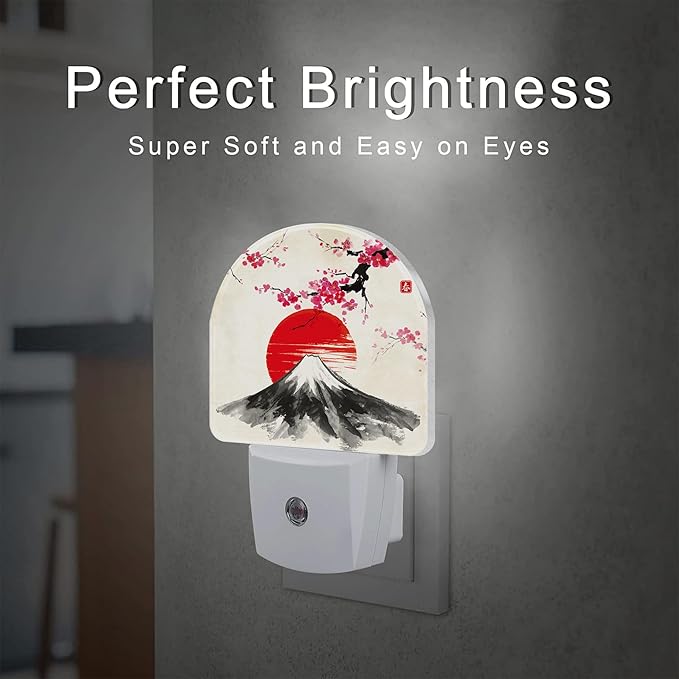 sndheke Cherry Blossoms Sun and Mountain Night Light Plug into Wall, Watercolor - Image 2
