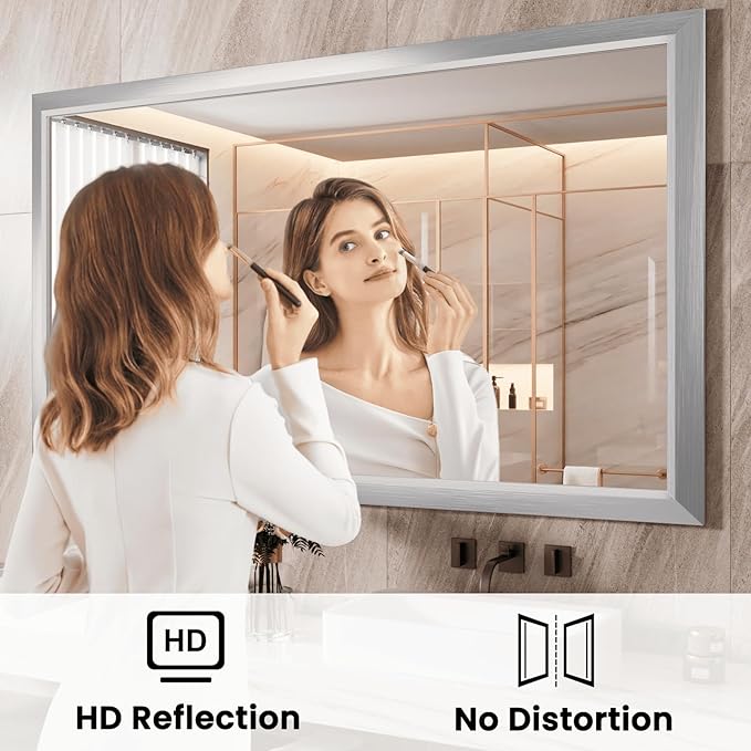 Amorho Bathroom Mirror, 48x40 Inch Silver Thick Metal Framed Wall Mirrors - Image 2