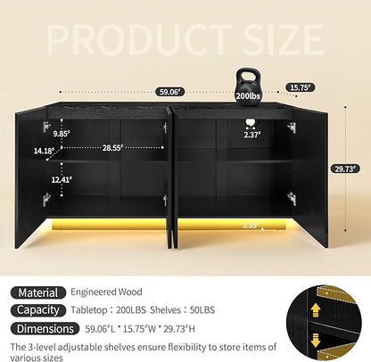 59" Black Fluted Sideboard Buffet Cabinet - Image 2