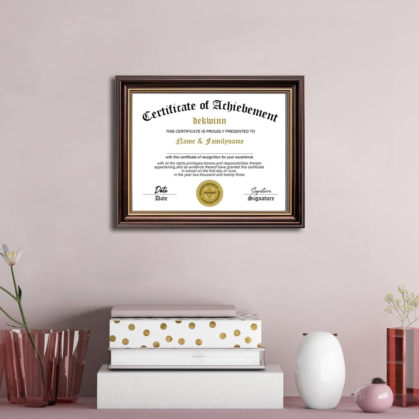 8.5x11 Diploma Frames Certificate Document Frame,1 Pack Reddish Brown/Gold Trim with Real Glass for Wall Gallery or Tabletop display, Without Mat