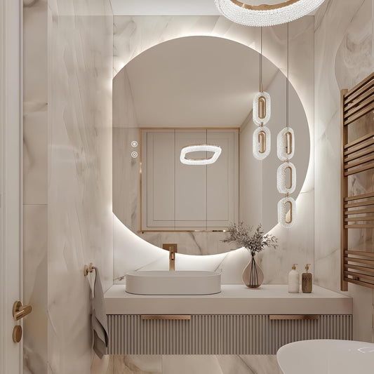 Niccy Round LED Bathroom Mirrors, Half Circle Backlit Mirror, 44" | Frameless Half Moon Mirror for Bathroom Wall, 3 Color Dimmable Anti-Fog Makeup Mirror, Explosion-Proof