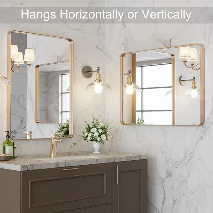 LOAAO 22”X30” Gold Bathroom Mirror, Rounded Rectangle Gold Frame Mirror - Image 4