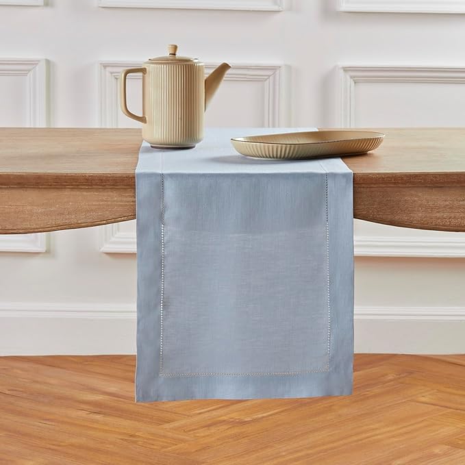 Solino Home Linen Dusty Blue Table Runner 60 Inches - Classic Hemstitch, 100%...