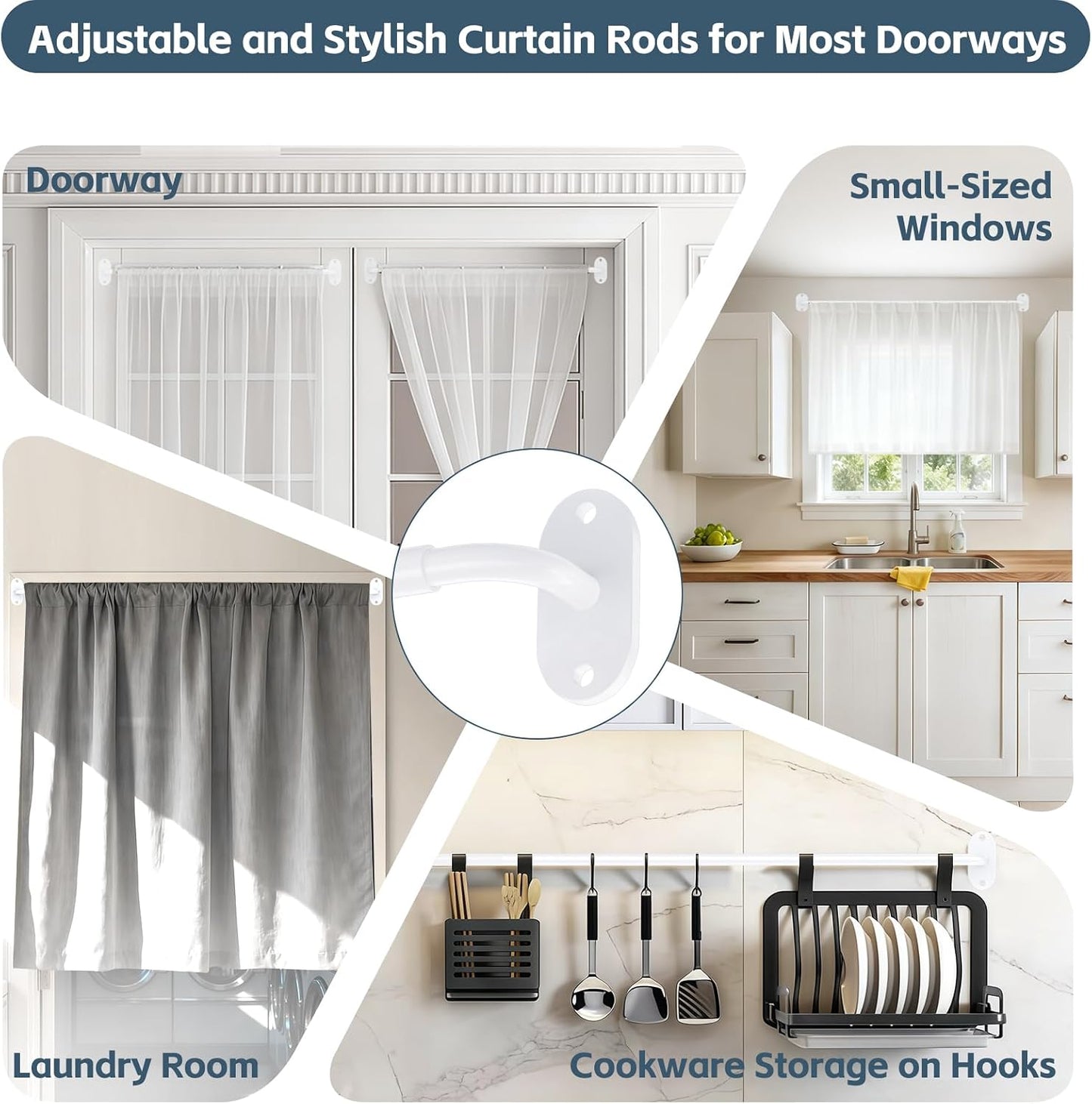 2 Pack French Door Curtain Rods, Screw-Mounted Sash Rods Adjustable 18–30 Inch, 3/8" Diameter Wrap Around Curtain Rods for Front Door Windows, White