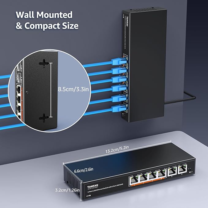 6 Port 10G Ethernet Switch Unmanaged, 4 x 2.5G Base-T Ports, 2 x 10Gb RJ45 Ports - Image 5