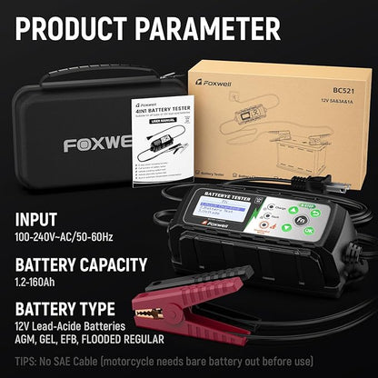 FOXWELL BC521 5A 12V Battery Charger & Tester, 4-in-1 Battery Maintainer - Image 9