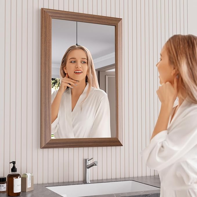 Amorho Bathroom Mirror, 20X30 Inch Wall Mirror, Walnut Wood Grain Metal Framed - Image 7