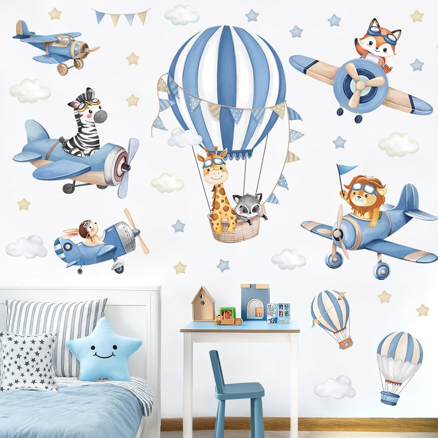 decalmile Blue Hot Air Balloon Animals Airplane Wall Decals Stickers