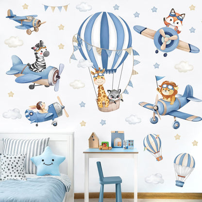 decalmile Blue Hot Air Balloon Animals Airplane Wall Decals Stickers