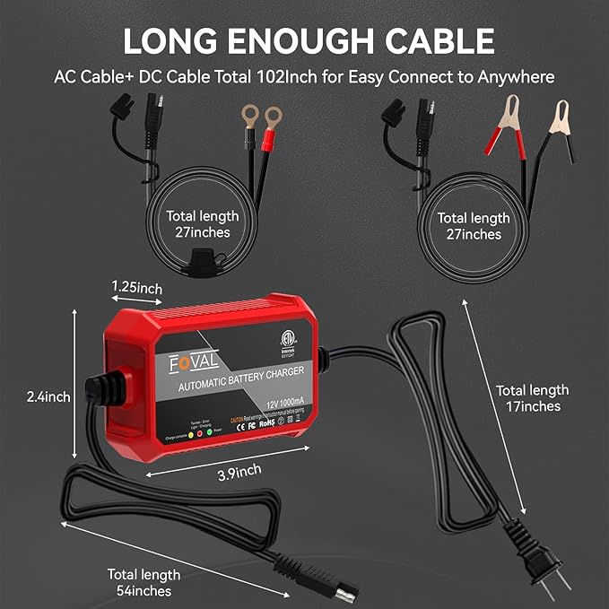 1000mA Car Battery Charger, FOVAL 12V Fully Automotive Battery Charger - Image 3