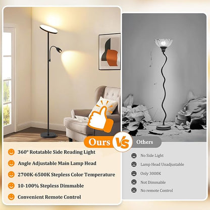 LED Torchiere Floor Lamp with Gooseneck Reading Light, Remote Control Standing - Image 2