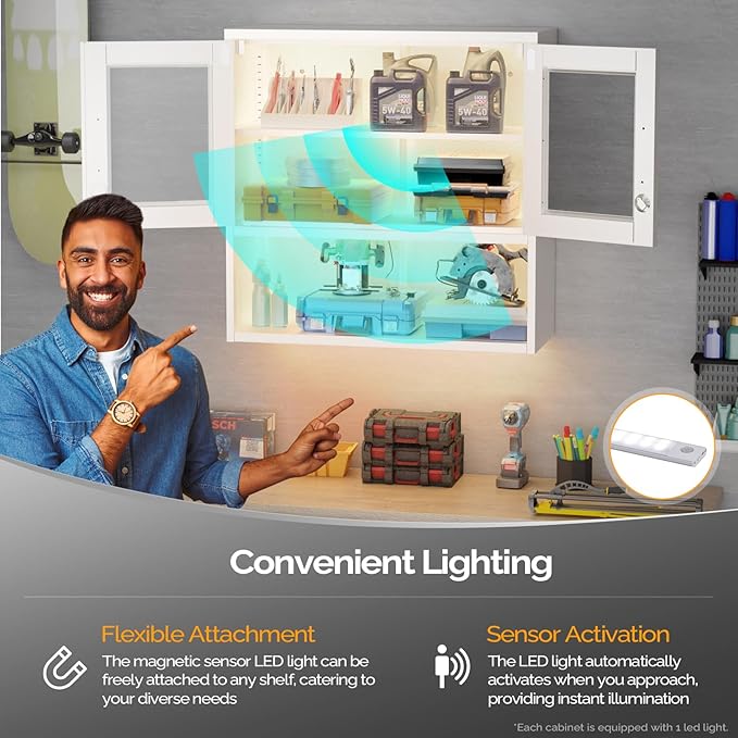 VINGLI Metal Wall Cabinet with Locking Glass Doors & Magnetic LED Sensor Light - Image 4