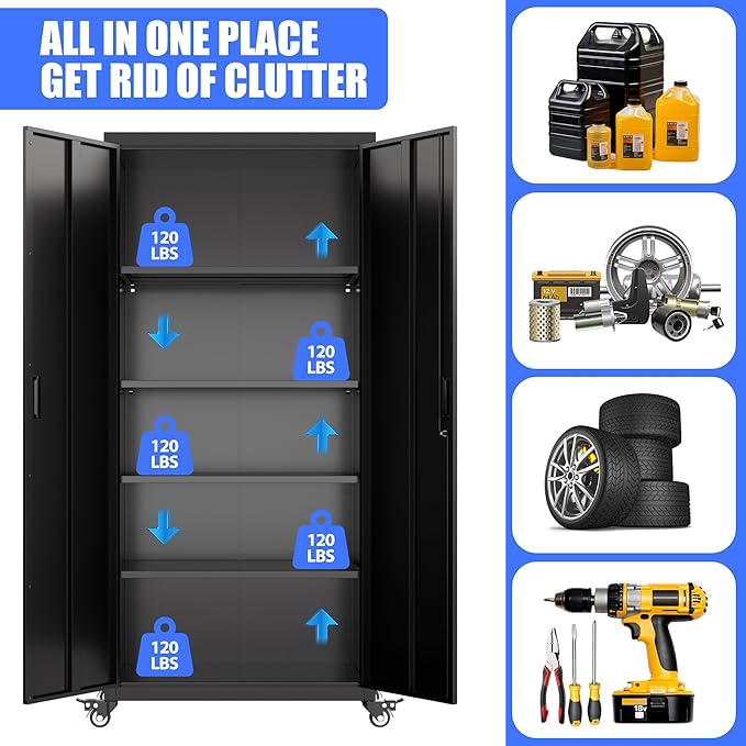 Garage Storage Cabinet with Wheels, Metal Storage Cabinet with 4 Adjustable - Image 7