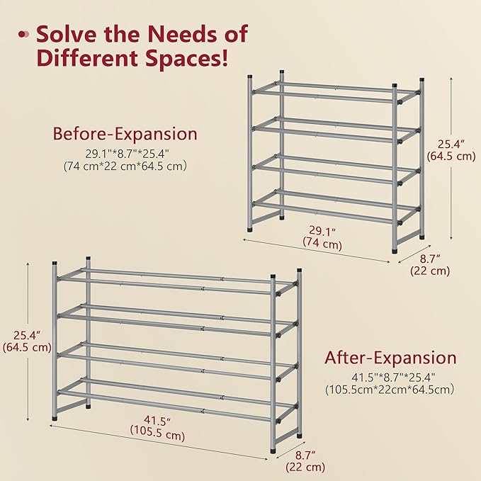Tajsoon Expandable Shoe Rack for Closet 4 Tier, 29“-41“Adjustable & Stackable - Image 3