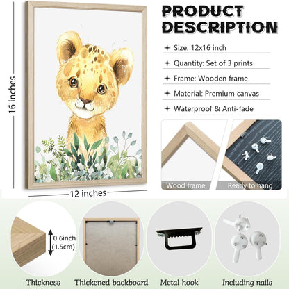 Baby Safari Nursery Wall Decor - Set of 3 Pictures Cute Animal Wall Prints on Canvas Jungle Nursery Safari Decor gifts for Baby Boys and Girls Room, Framed Wall Art (Framed 12 x16in)