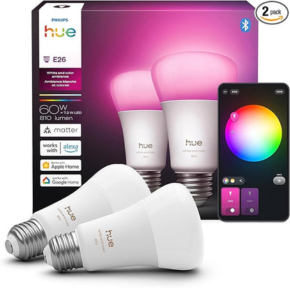 Philips Hue Smart LED A19 Bulb 2-Pack, E26 Base, Full Spectrum Light by PhilipsHue