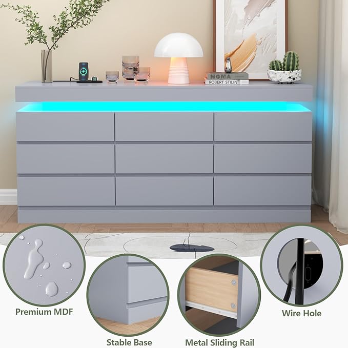 9 Drawer Dresser with Power Outlet, Dresser with LED Light, Modern Chest of - Image 6