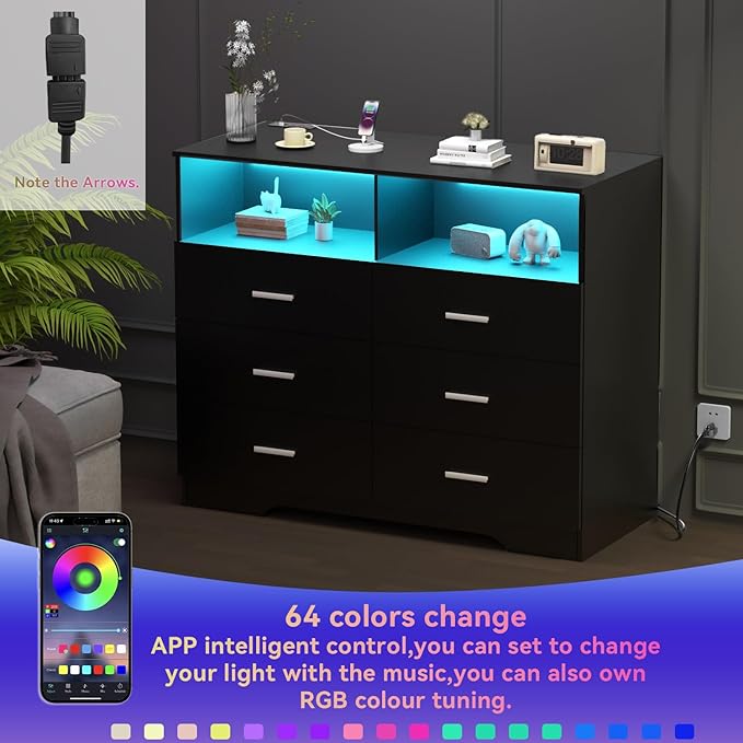 Dresser with Power Outlets and LED Lights Wooden 6 Drawer Dresser with Large - Image 5