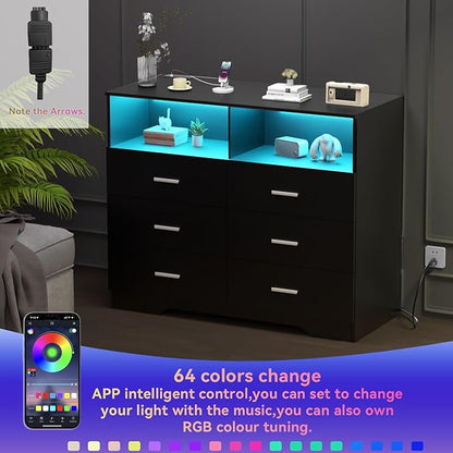 Dresser with Power Outlets and LED Lights Wooden 6 Drawer Dresser with Large - Image 5