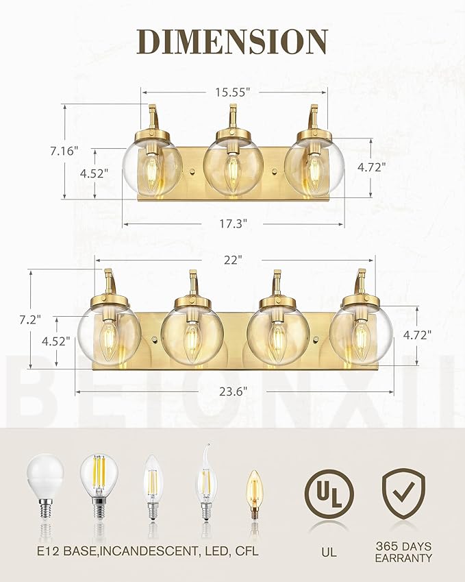 Beionxii 4-Light Bathroom Vanity Light Fixtures, 3 Light Brushed Gold Bathroom - Image 4