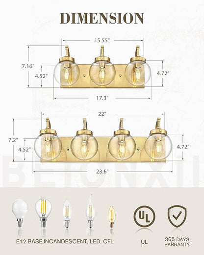 Beionxii 4-Light Bathroom Vanity Light Fixtures, 3 Light Brushed Gold Bathroom - Image 4