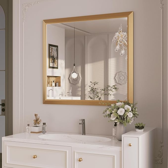Amorho Bathroom Mirror, 40x36 Inch Golden Thick Metal Framed Wall Mirrors by Amorho