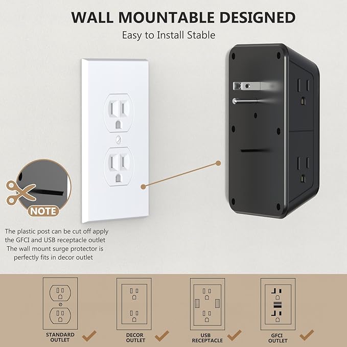 2 Pack Multi Plug Wall Outlet Extender Surge Protector 6 AC Outlet Splitter - Image 6