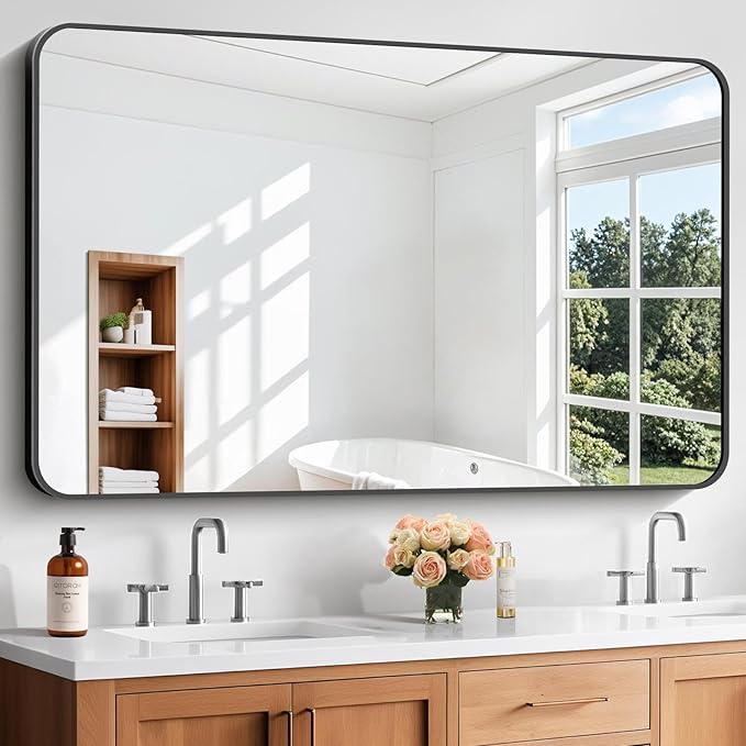 Bathroom Mirror, 55 x 36 inch Black Rectangle Wall Mirror, Metal Frame Rounded by WelcometoCIVENO