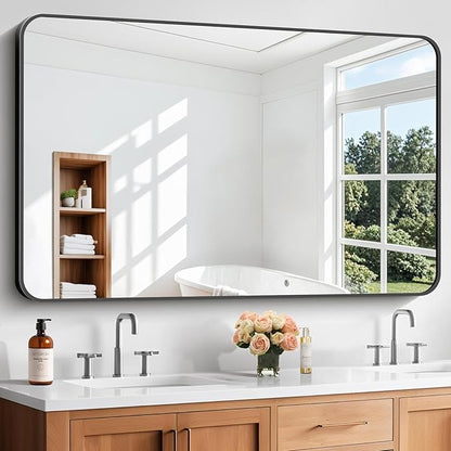 Bathroom Mirror, 55 x 36 inch Black Rectangle Wall Mirror, Metal Frame Rounded by WelcometoCIVENO
