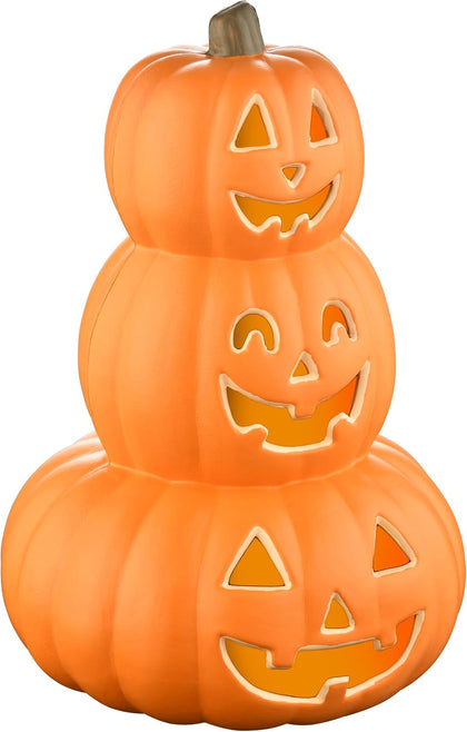 Evelyne Stacked Jack-O’-Lantern Pumpkin Decoration – 3-Tier Light-Up Halloween Gourd HDPE Plastic – Indoor/Outdoor Fall Decor with Happy Ghost Faces – Cute Pumpkin Tower for Porch Tabletop