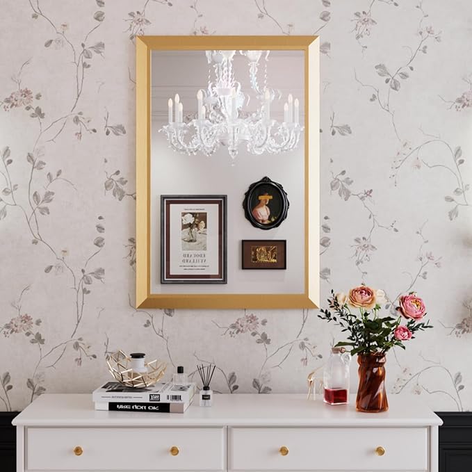 Amorho Bathroom Mirror, 24x36 Inch Golden Thick Metal Framed Wall Mirrors by Amorho