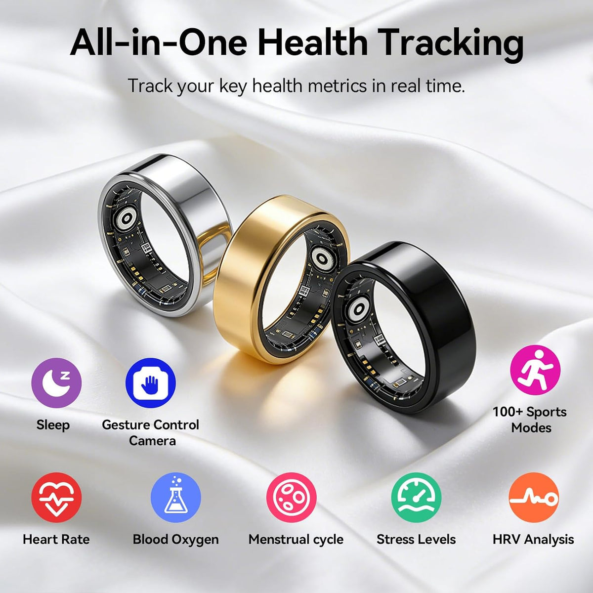 smart ring fitness tracker, heart rate monitor, sleep, close-up detail
