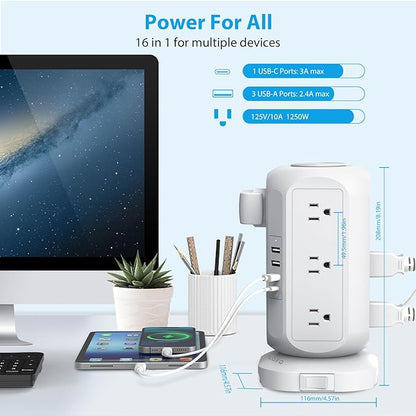 15 ft Long Extension Cord Power Strip Tower, AOFO Surge Protector 12 AC Outlets - Image 2