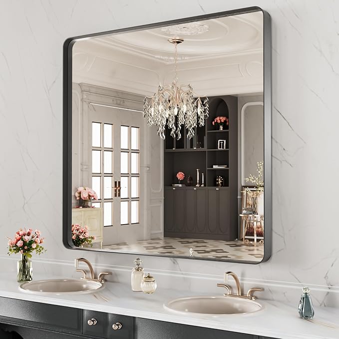 LOAAO 28X32 Inch Black Metal Framed Bathroom Mirror - Image 3