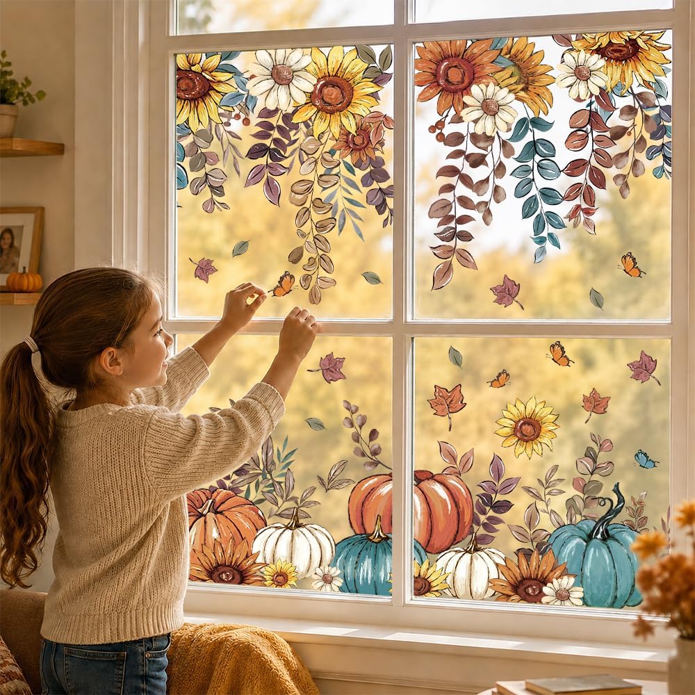 8 Sheets Fall Window Clings Sunflower Pumpkin Sticker Autumn Glass Decor | Butterfly Hanging Vine Leaves Window Decals Static Reusable for Thanksgiving Harvest Party Decoration Home Office Decorations