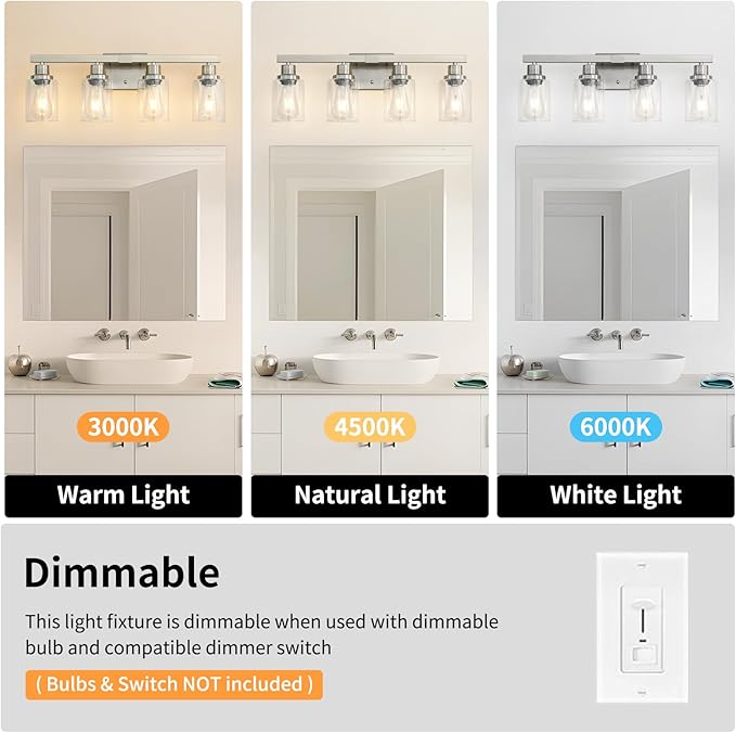DIKAIDA Bathroom Vanity Light, 4-Light Nickel Modern Matte Wall Sconce Lighting - Image 7