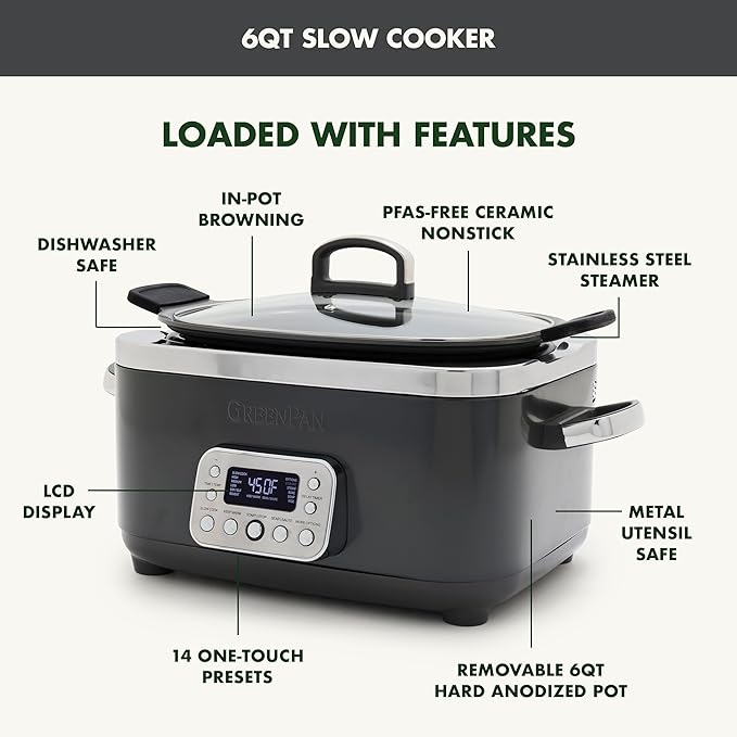 GreenPan Elite 14-in-1 Nonstick 6QT Electric Slow Cooker, PFAS-Free Ceramic - Image 4
