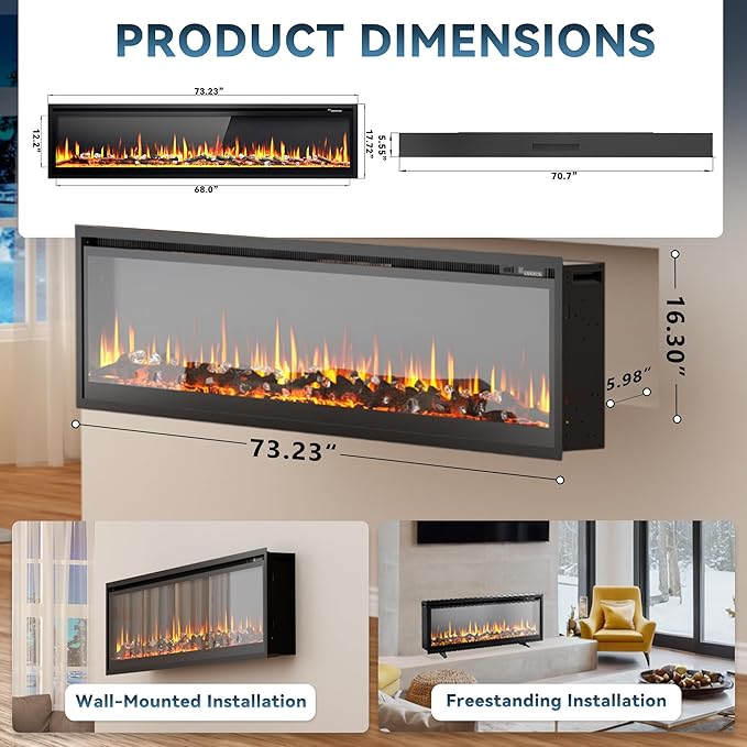 EUHOMY 73 Inch Electric Fireplace Recessed Wall Mounted Freestanding - Image 5