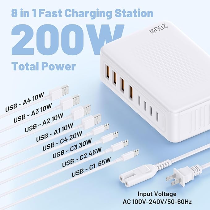 200W USB C Charging Station, 8-Port GaN USB C Charger Block, PD 65W Desktop - Image 3
